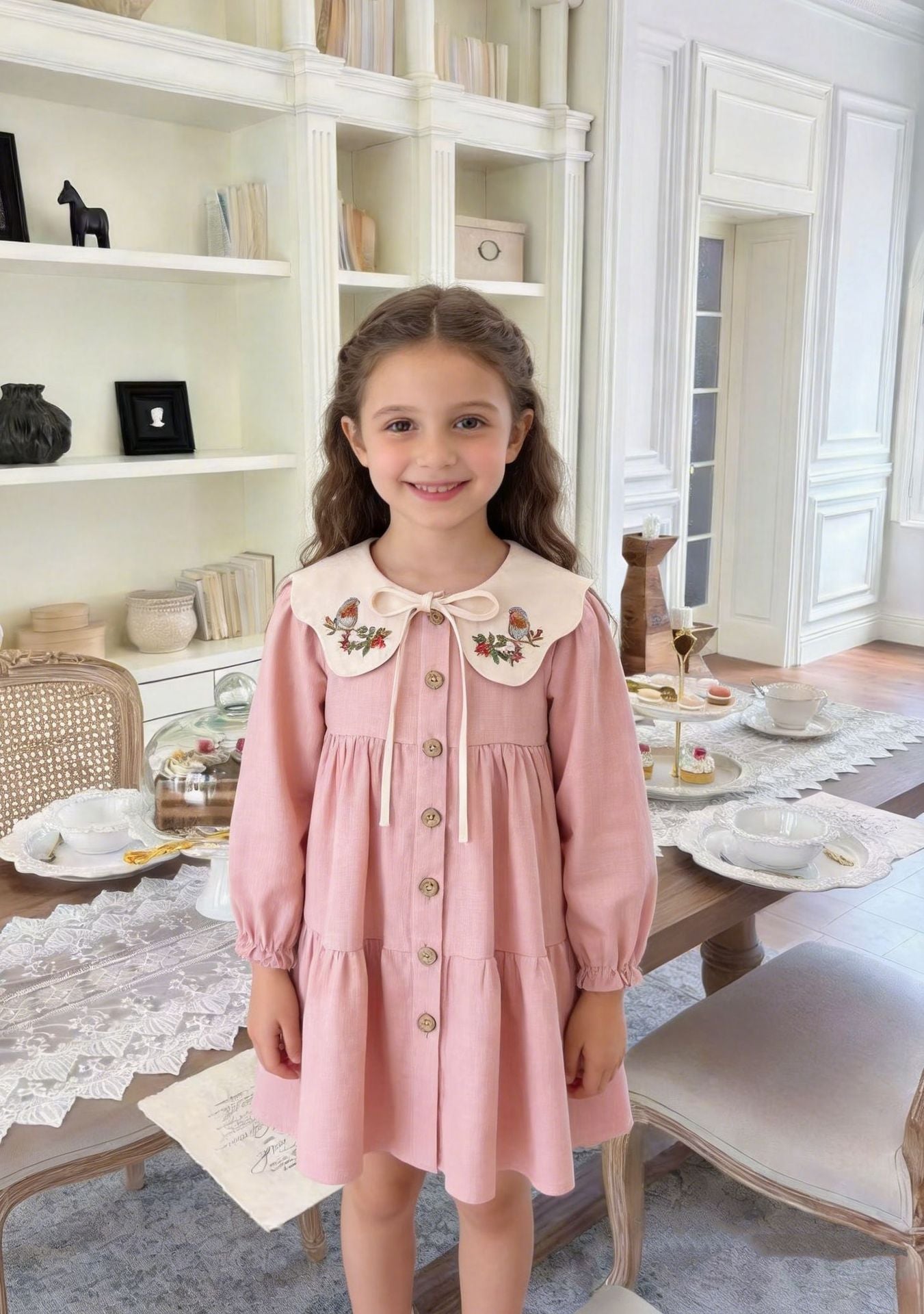 Blush Pink Robin Bird Embroidered Collar Girls Dress
