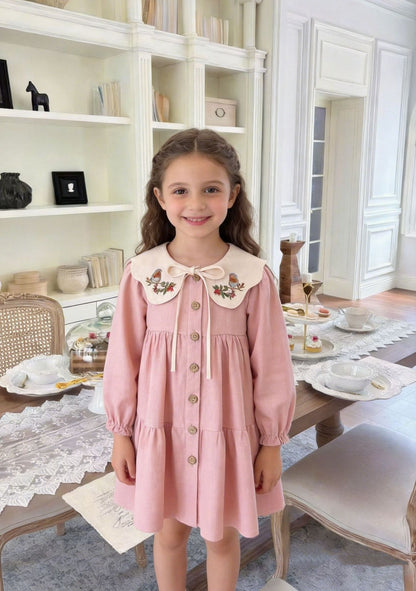 Blush Pink Robin Bird Embroidered Collar Girls Dress