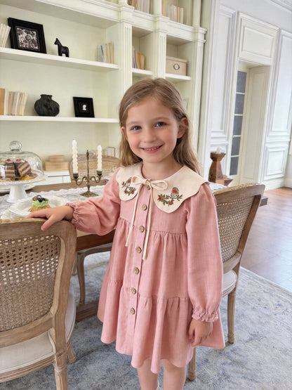 Blush Pink Robin Bird Embroidered Collar Girls Dress