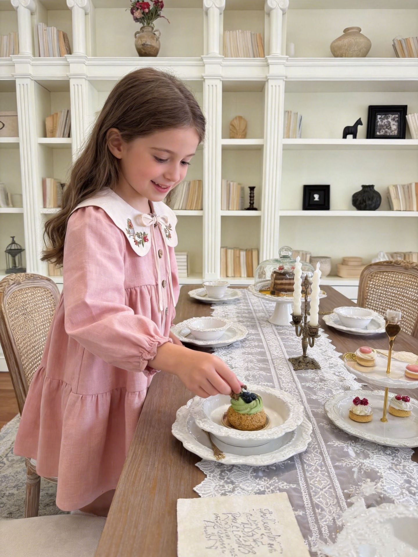 Blush Pink Robin Bird Embroidered Collar Girls Dress