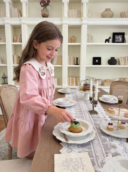 Blush Pink Robin Bird Embroidered Collar Girls Dress