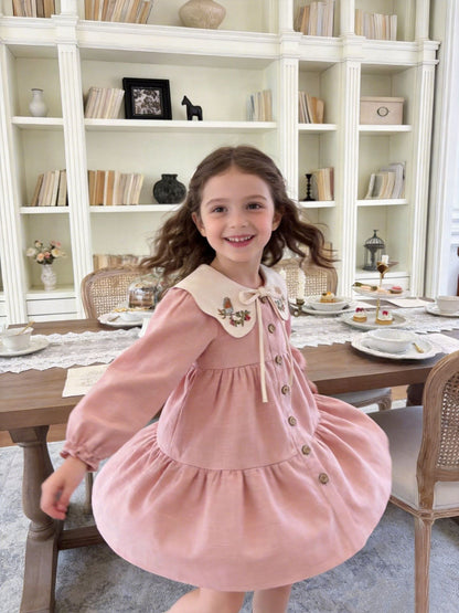 Blush Pink Robin Bird Embroidered Collar Girls Dress