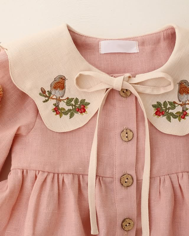 Blush Pink Robin Bird Embroidered Collar Girls Dress