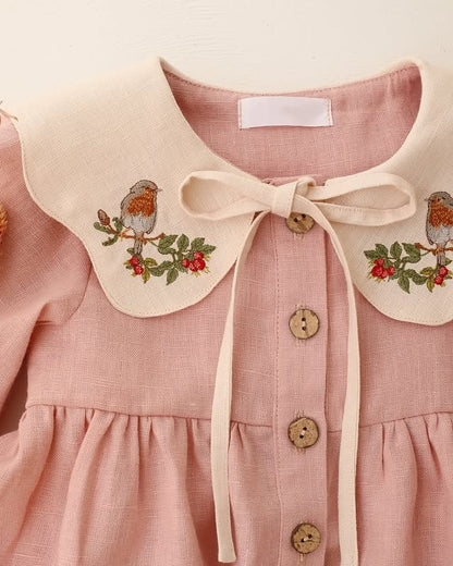 Blush Pink Robin Bird Embroidered Collar Girls Dress