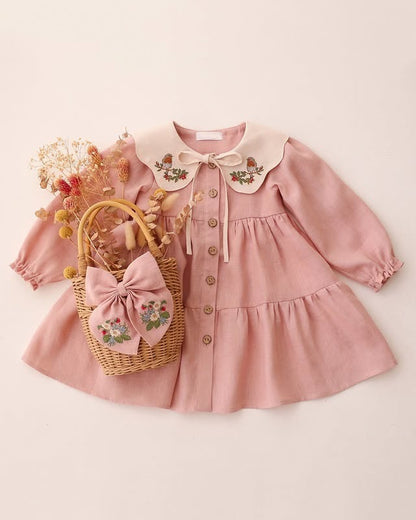 Blush Pink Robin Bird Embroidered Collar Girls Dress