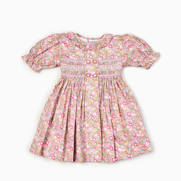 Hand-Smocked Pink Pastel Floral Dress,3M-7T