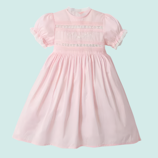 Hand Embroidered Pink Lace Trim Dress,12M to 5T.
