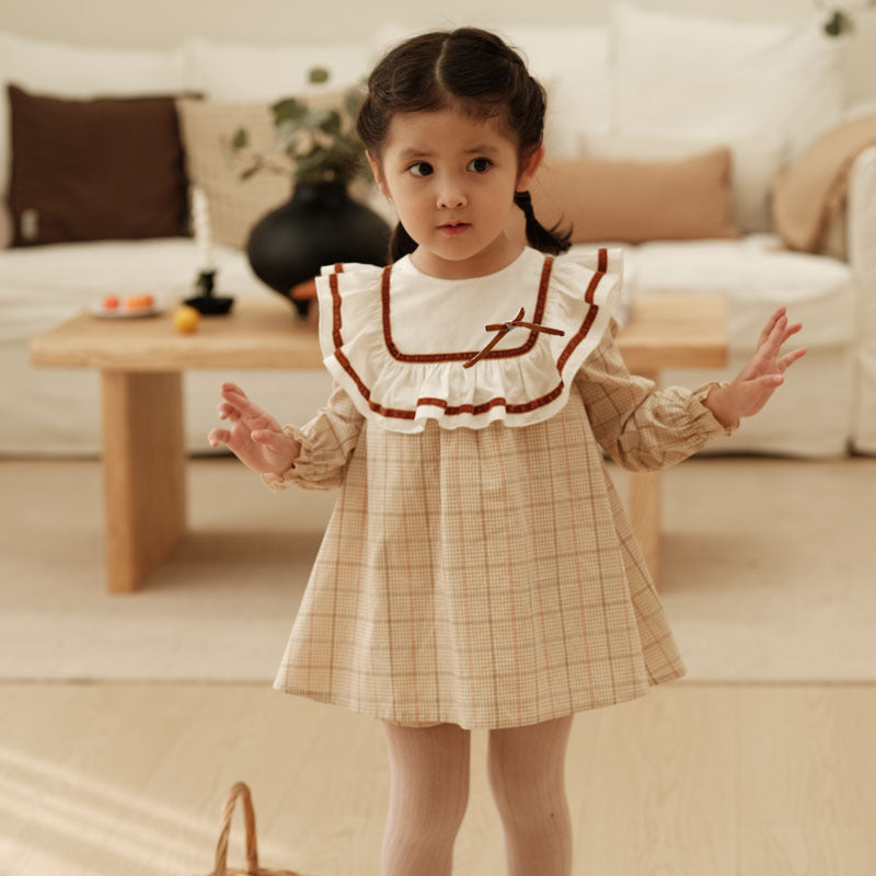 Full Sleeves Plaid Apricot Dress ,12M to 6T.