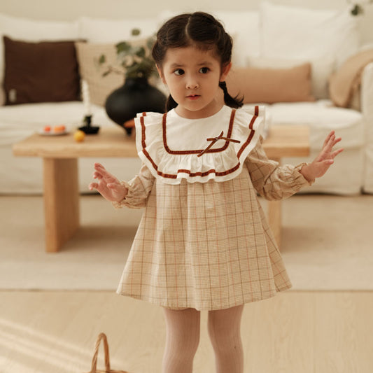 Full Sleeves Plaid Apricot Dress ,12M to 6T.