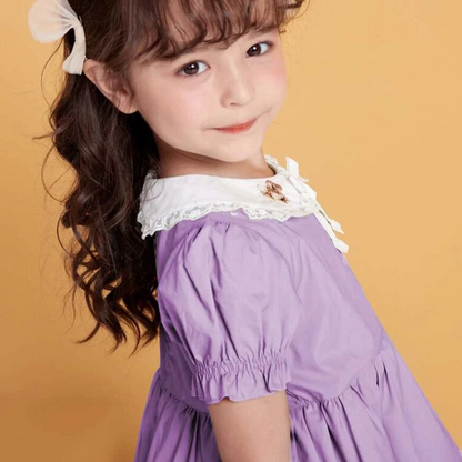 Cute Peter Pan Collar Dress With Embroidery,Green/Purple,12M to 5T.