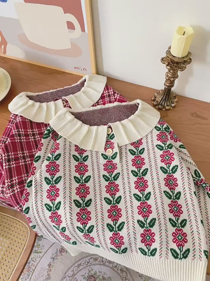 Cute Vintage Sweaters, Floral/Red,2T to 8T.