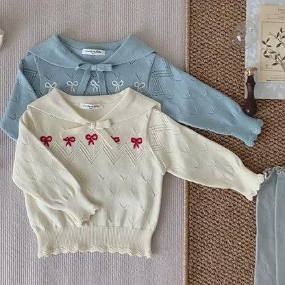 Hand-Embroidered Cotton Bow Sweaters,6M to 5T.