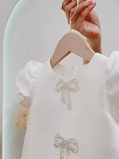 Stunning White Embellished Bow Dress,12M to 5T.
