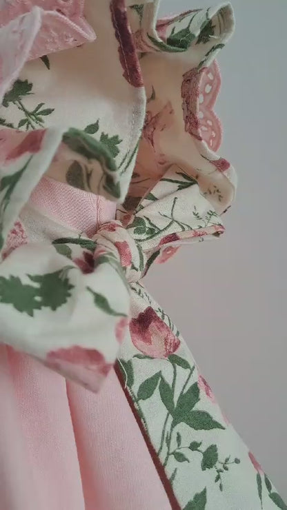 Double Sleeves Cotton Dress,Pink/Biege,6M to 8T.