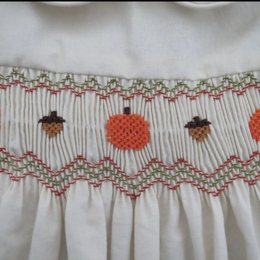 Hand Smocked Pumpkin & Acorn Dress,3M to 6T.