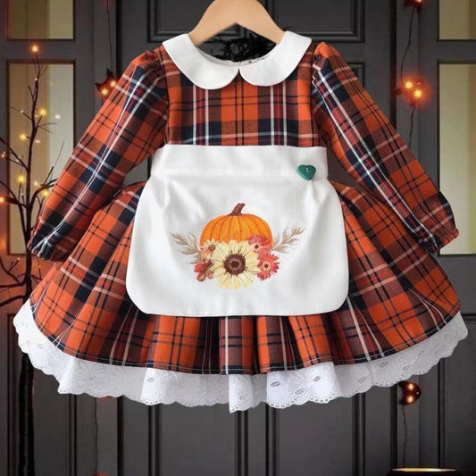 Full Sleeves Embroidered Pumpkin Fall Dress,12M to 12T.