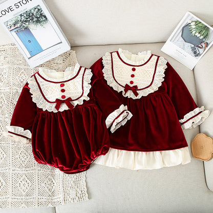 Matching Red Velvet Christmas Dress & Romper,6M to 4T.