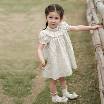 Floral Pattern Smocked Collar Dress,12M to 7T.