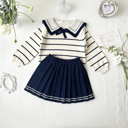 Cute Navy Collar Top & Pleated Skirt,2T to 8T.
