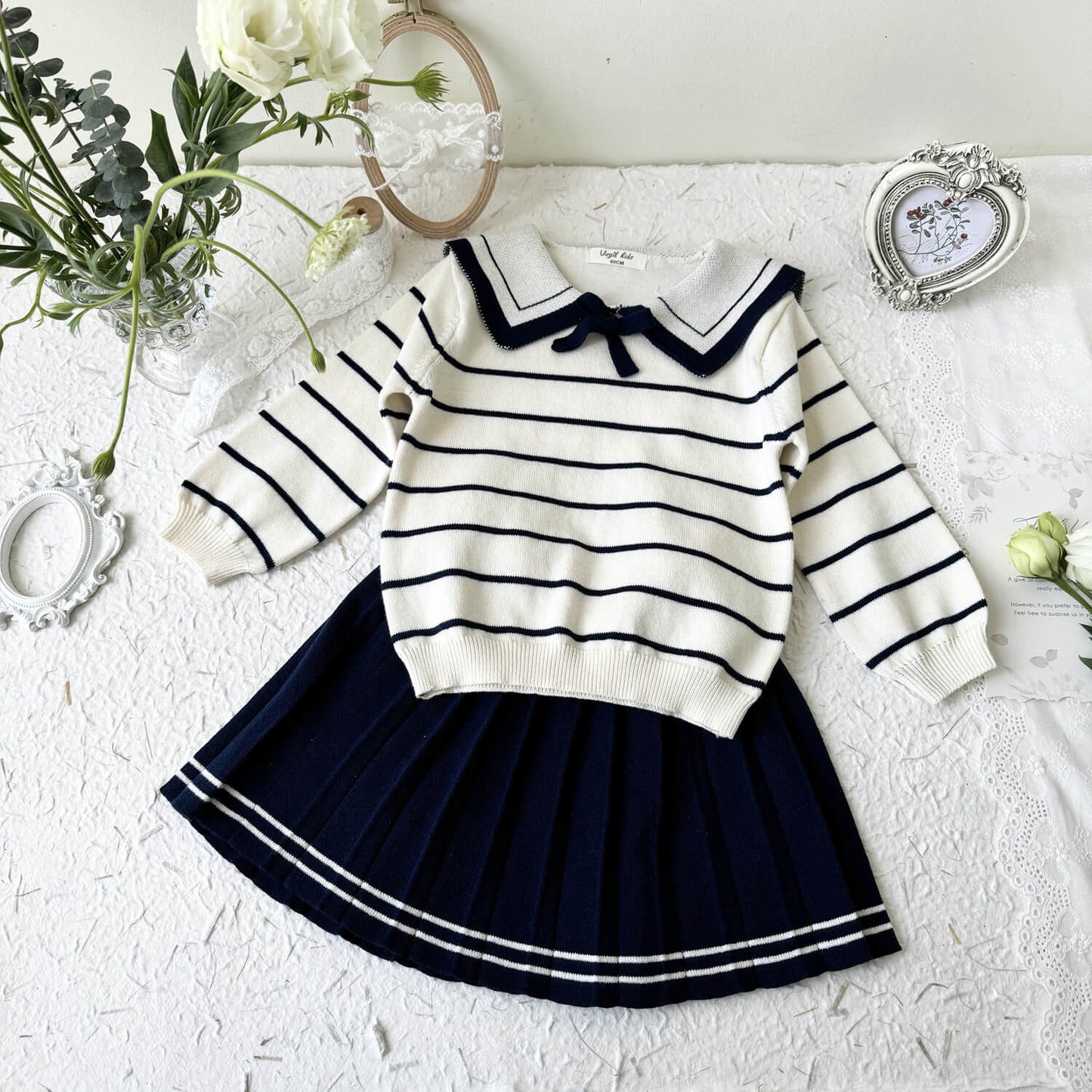 Cute Navy Collar Top & Pleated Skirt,2T to 8T.