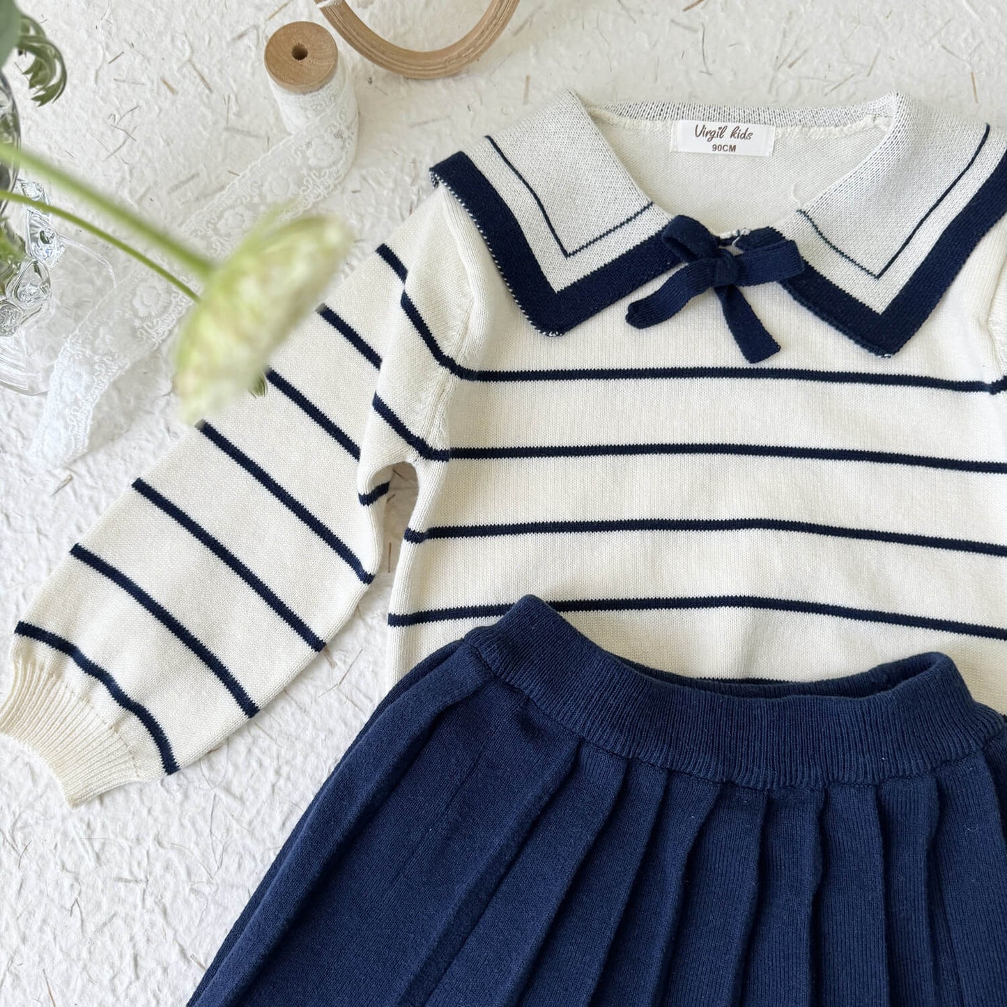 Cute Navy Collar Top & Pleated Skirt,2T to 8T.