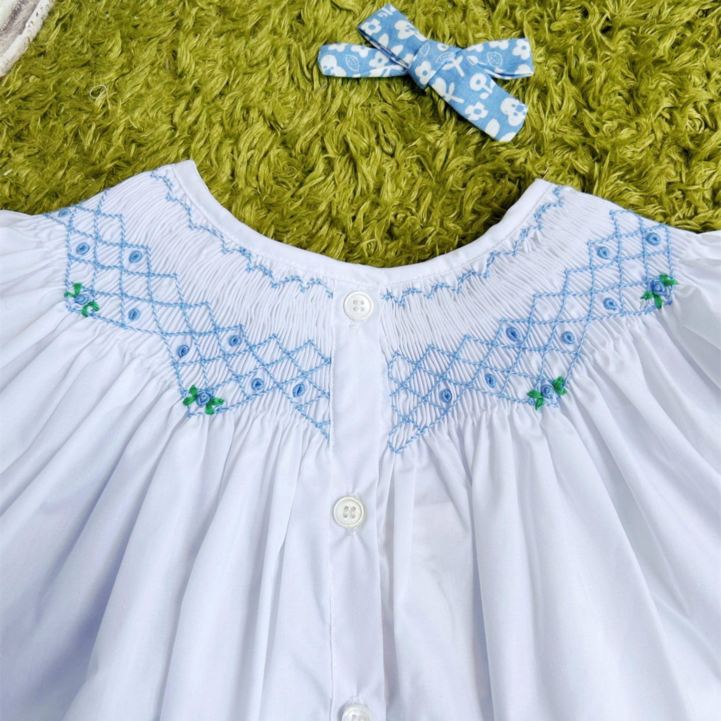 Hand Smocked Girls Dress with Blue Embroidery & Bloomers (3T–7T)