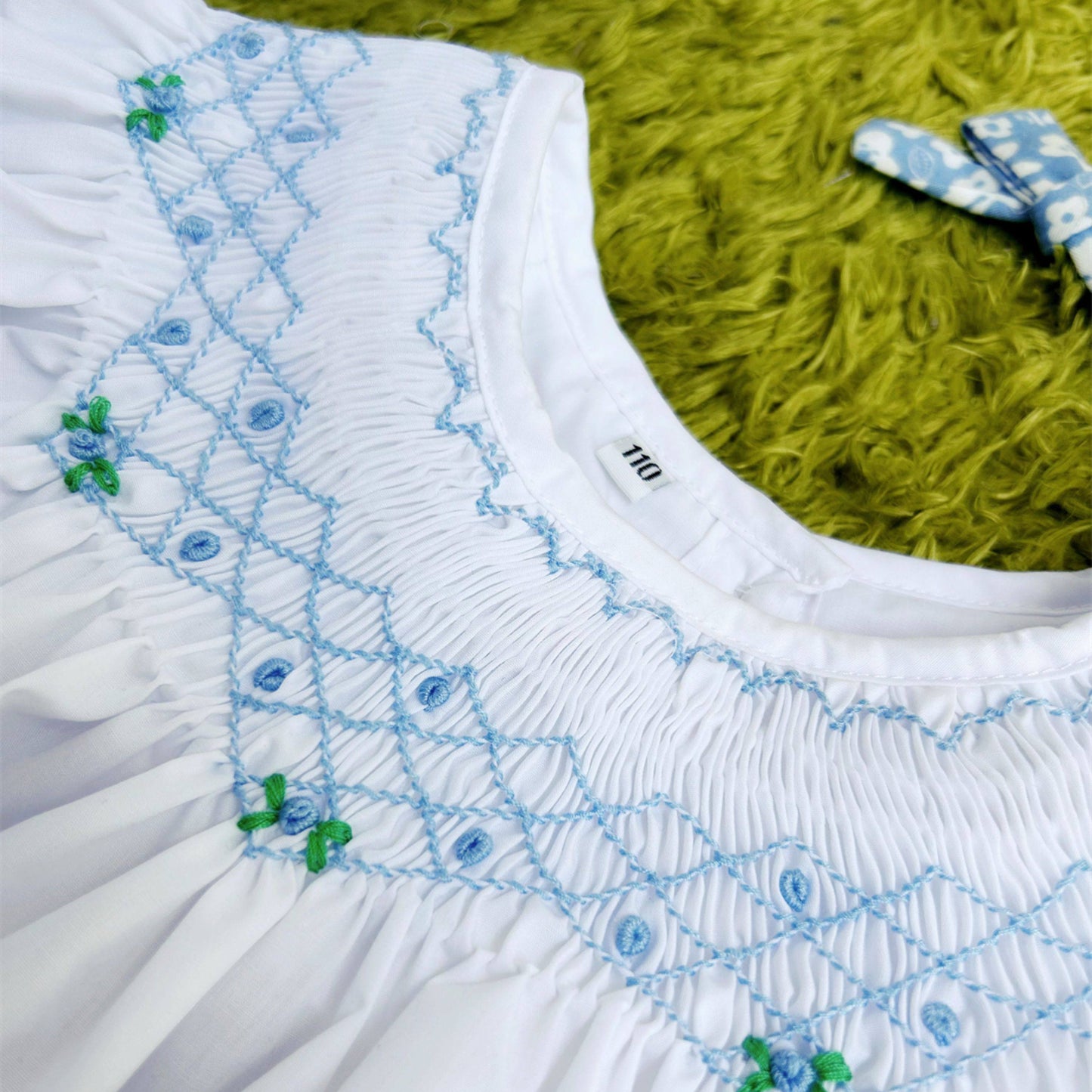 Hand Smocked Girls Dress with Blue Embroidery & Bloomers (3T–7T)
