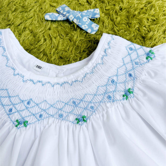 Hand Smocked Girls Dress with Blue Embroidery & Bloomers (3T–7T)
