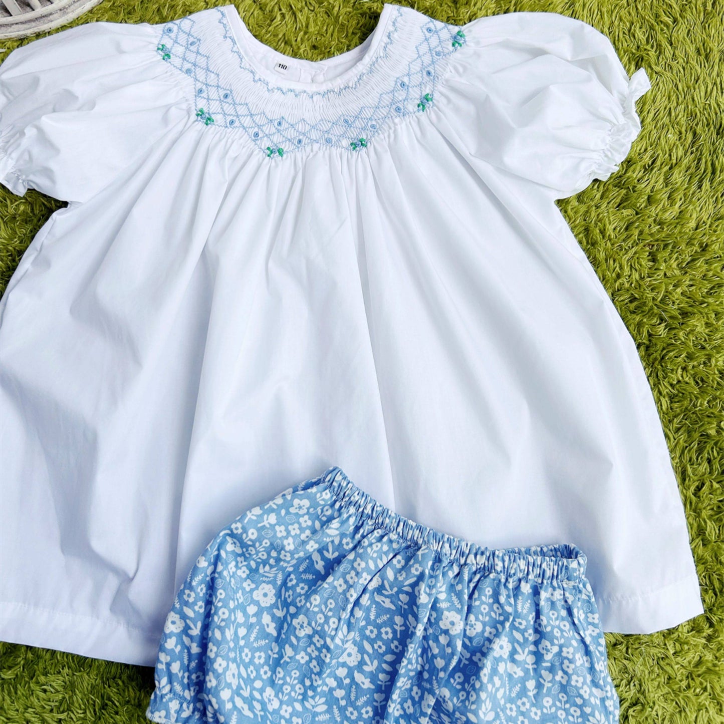 Hand Smocked Girls Dress with Blue Embroidery & Bloomers (3T–7T)