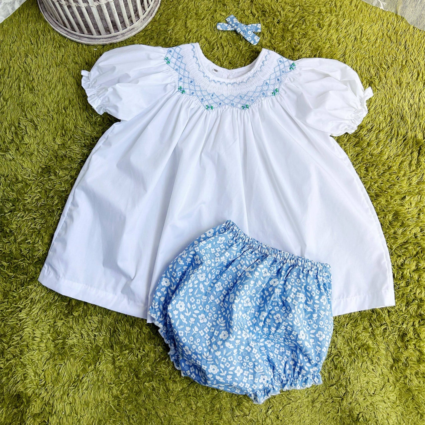 Hand Smocked Girls Dress with Blue Embroidery & Bloomers (3T–7T)