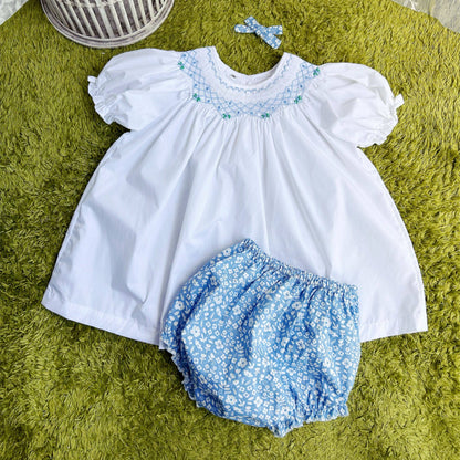 Hand Smocked Girls Dress with Blue Embroidery & Bloomers (3T–7T)