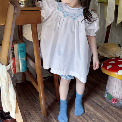 Hand Smocked Girls Dress with Blue Embroidery & Bloomers (3T–7T)