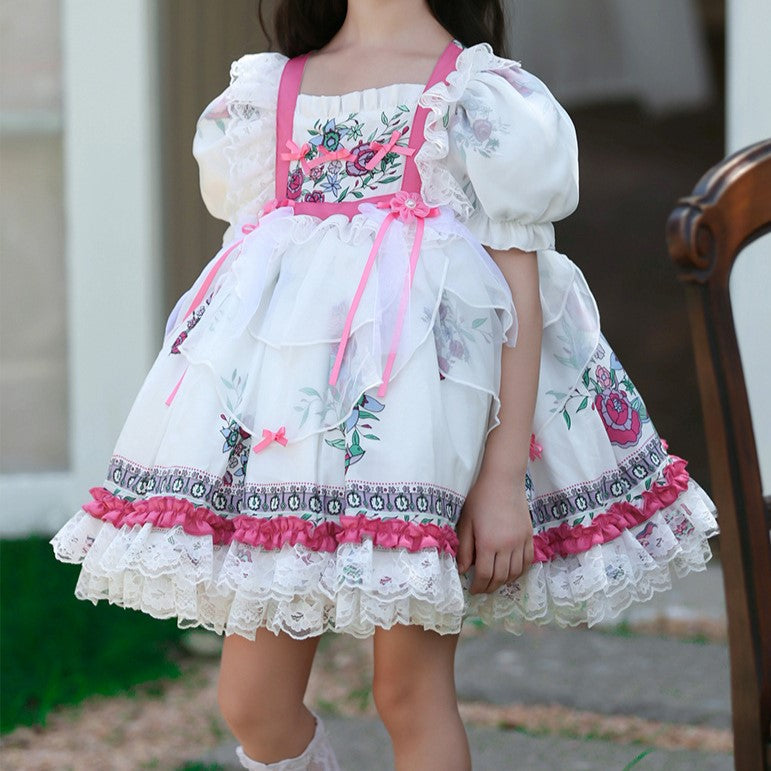 White & Pink Spanish Style Dress,12M to 8T.