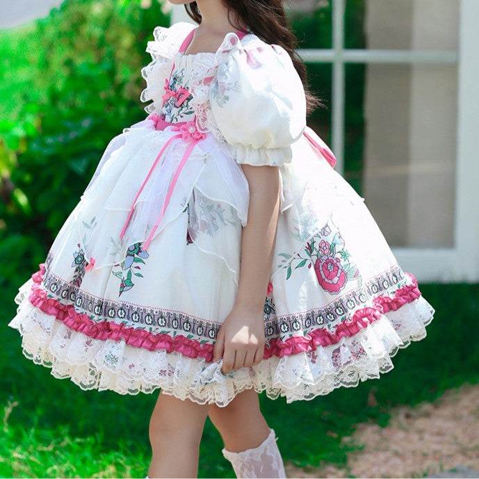 White & Pink Spanish Style Dress,12M to 8T.