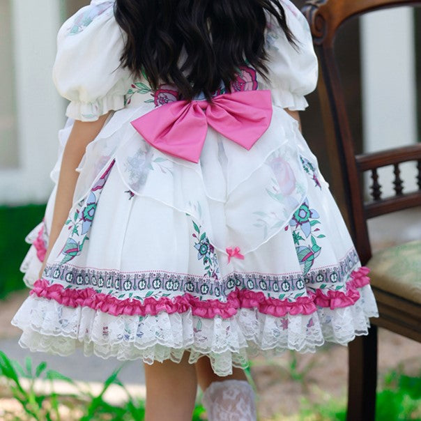 White & Pink Spanish Style Dress,12M to 8T.