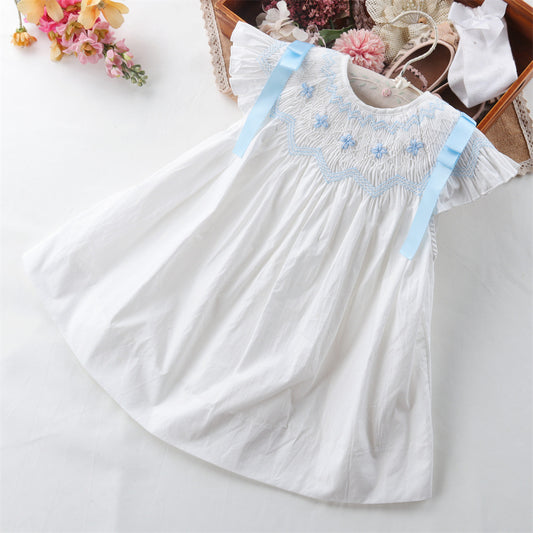 Hand-Smocked Bishop Dress with Blue Embroidery (12M–6T)