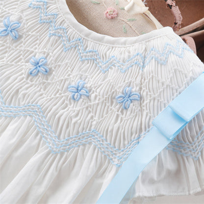 Hand-Smocked Bishop Dress with Blue Embroidery (12M–6T)
