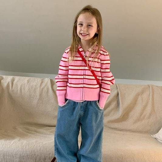 Cute Pink Stripped Zipper Sweatshirt,2T to 7T.