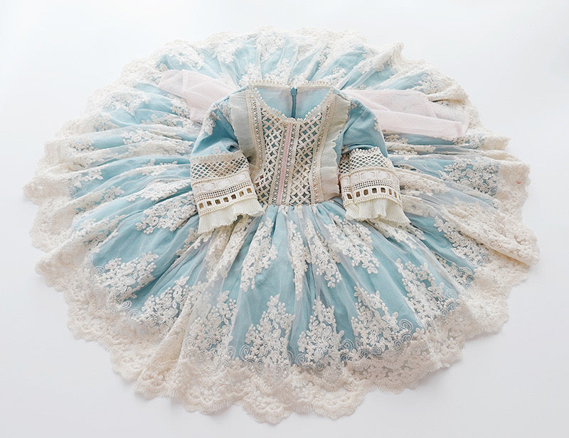 3Pc Stunning Vintage Style Lace Dress,Pink/Blue,12M to 6T.