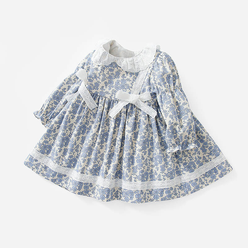 Adorable Floral Dress With Lace & Bows,6M To 4T. 3T / Blue Adorable Floral Dress With Lace & Bows,6M To 4T. 3T / Blue