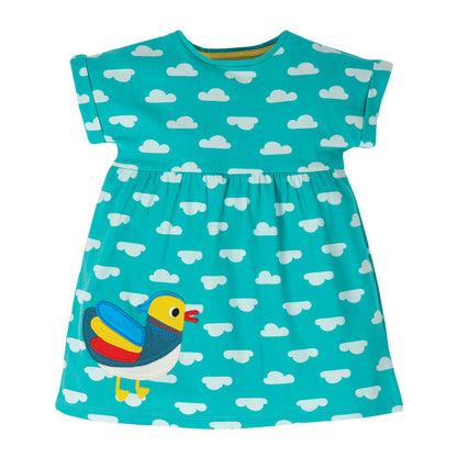 Short Sleeves Bird Applique Dress,2T to 7T.