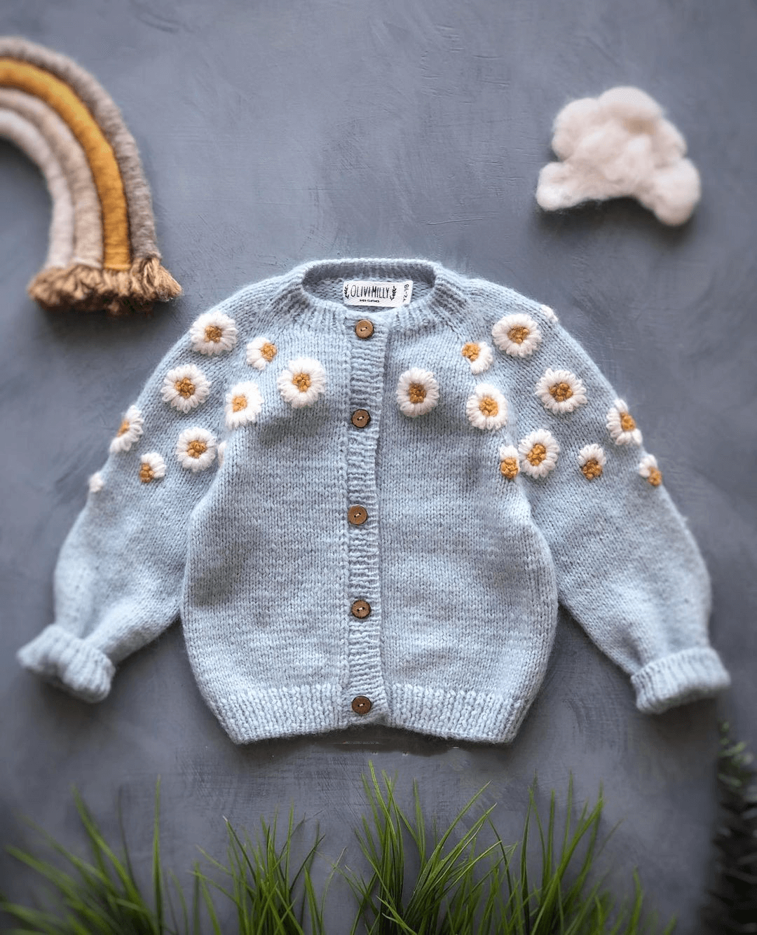 Hand Embroidered Daisy Woolen Sweater,12M to 4T.