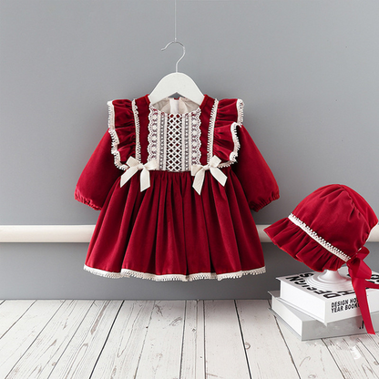 Cute Red Velvet Dress With Bonnet,6M to 4T.