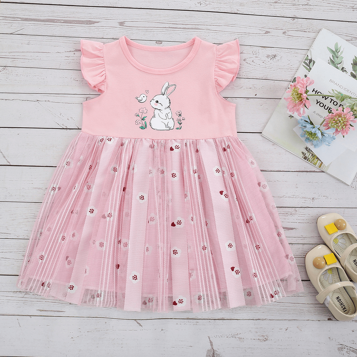 Cute Bunny Print Easter Dress,2T to 6T.