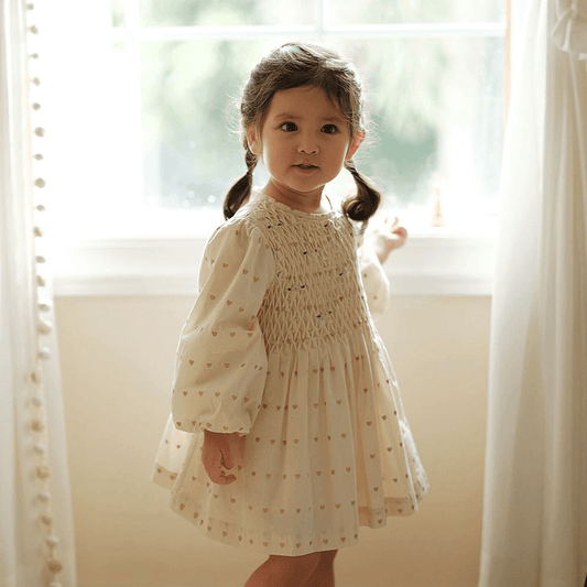 Beige Full Sleeves Hand Smocked Dress,12M to 10T