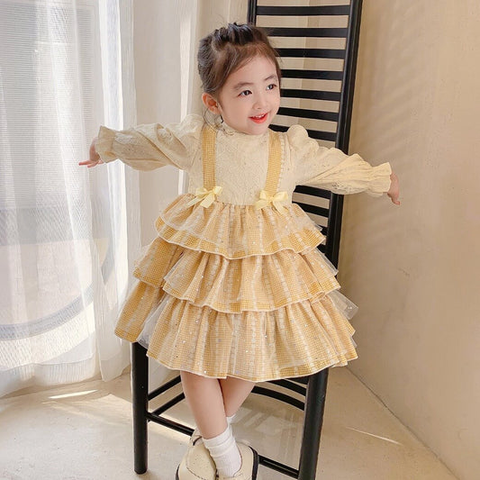 Tiered Yellow Plaid Dress,2T to 7T.