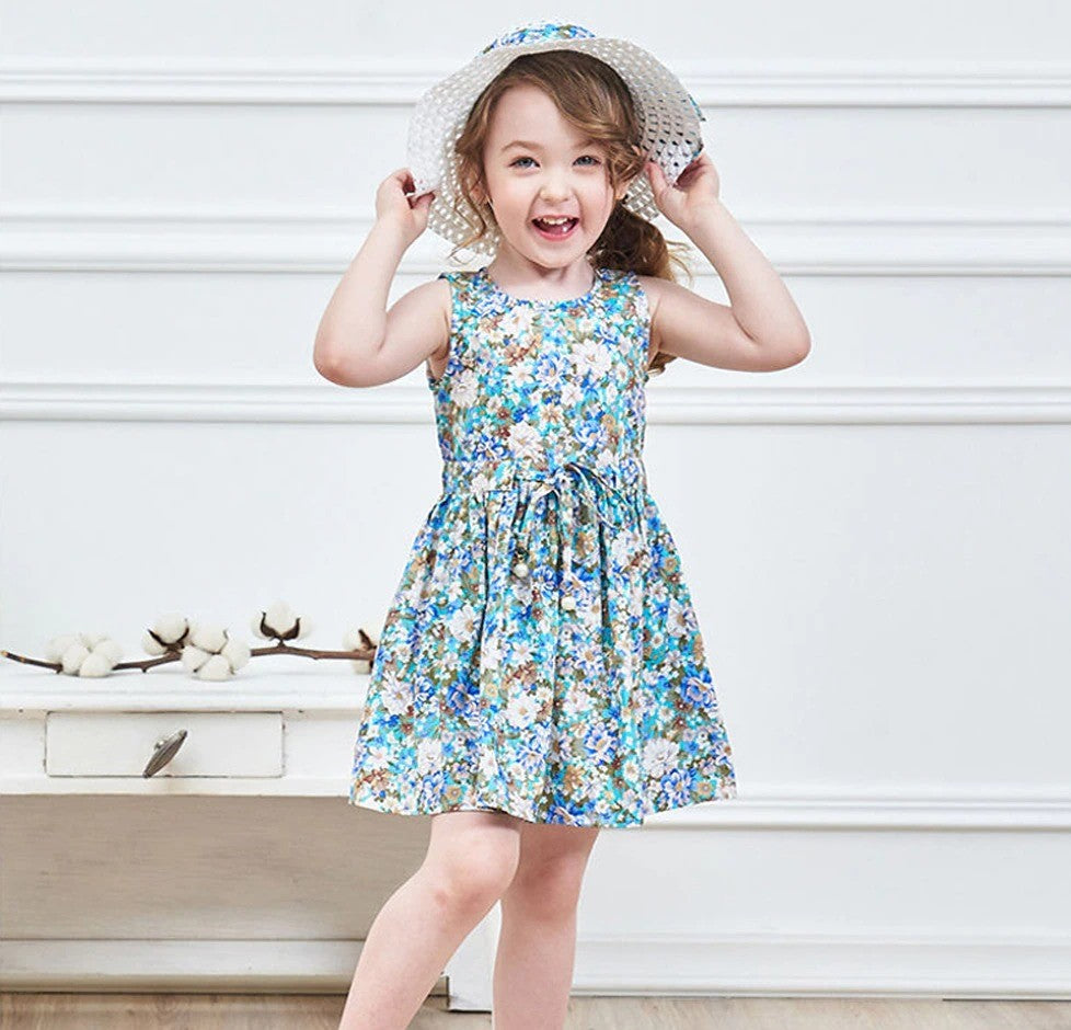 Sleeveless Floral Dress With Hat, Pink/Blue,2T to 6T.