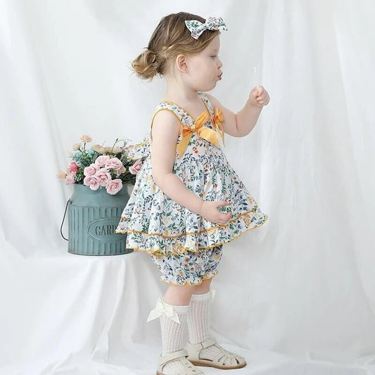 Spanish Style Vintage Floral Dress With Bloomer,Yellow/Pink,12M to 6T.