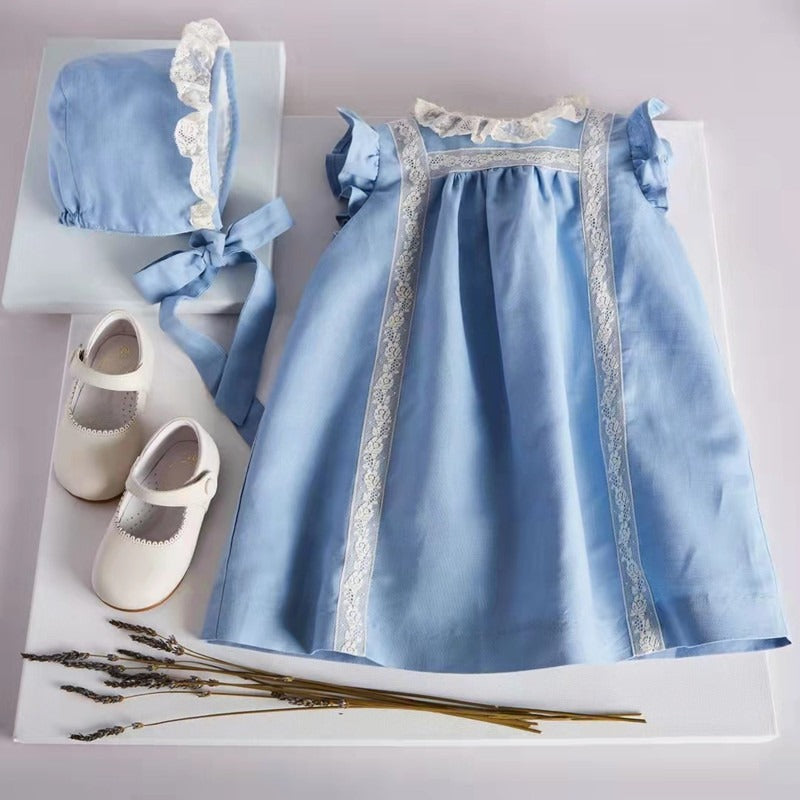 Blue Spanish Summer Dress With Bonnet,9M to 5T.