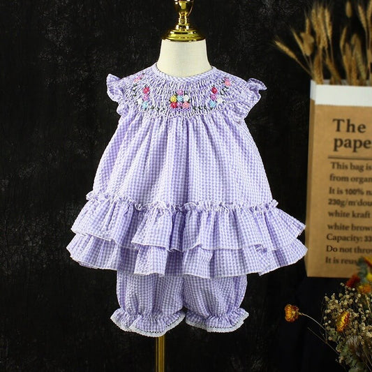 Purple Hand Smocked Bishop Dress,2T to 7T.